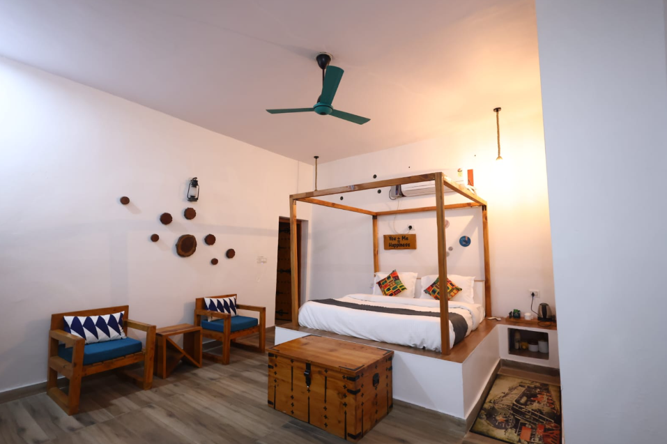 Luxury mudhouse bedroom interior at Muddgram Homestay NCR Haryana Mahendergarh